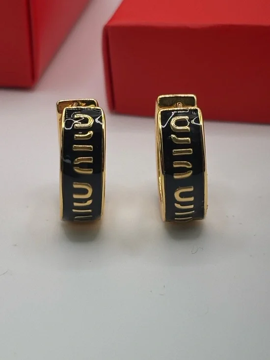 Luxury Designer Gold Tone Small Hoop Earrings Black Enamel Polished Logo Accent - Picture 9 of 15